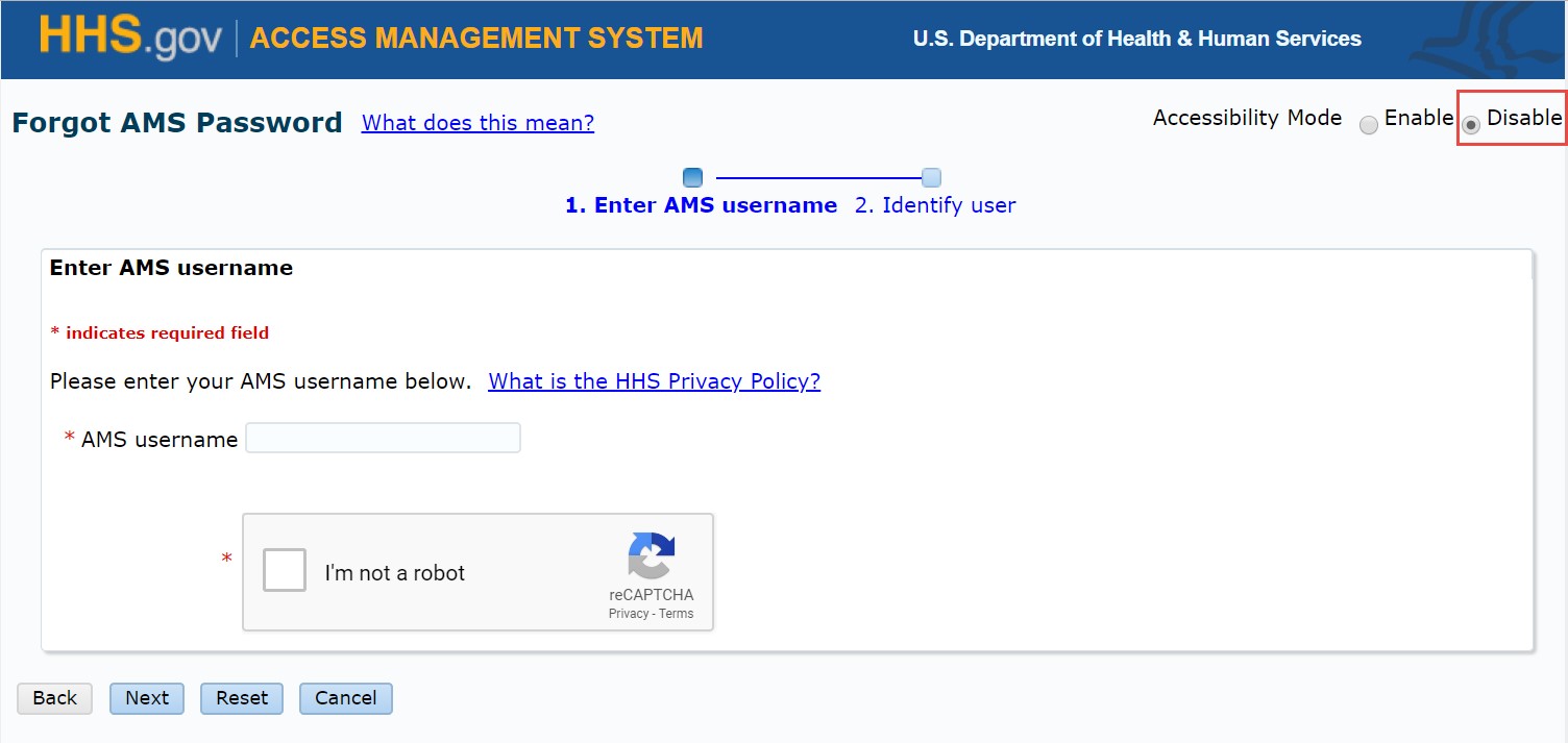 Accessibility Mode: Disable on Forgot AMS Password page